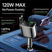 Retractable Car Charger – Dual Cables (USB-C & Lightning), Super Fast Charging, 180° Rotatable Head