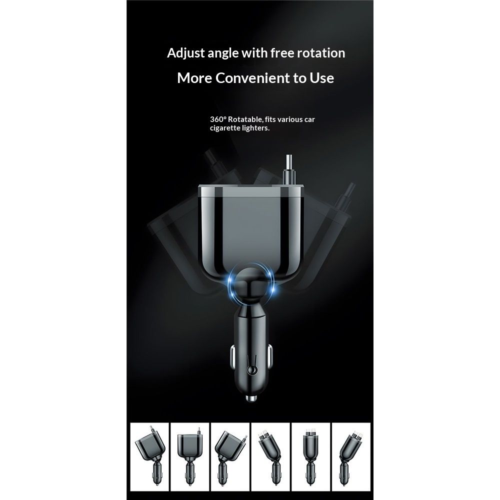 Retractable Car Charger – Dual Cables (USB-C & Lightning), Super Fast Charging, 180° Rotatable Head
