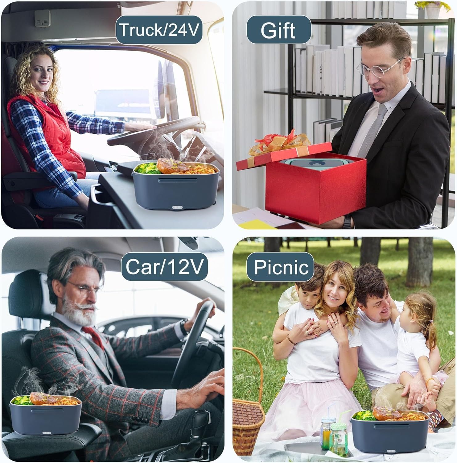 Electric Heated Lunch Box – 1.5L Stainless Steel, 4-in-1 Power (12V/24V/240V), Leak-Proof