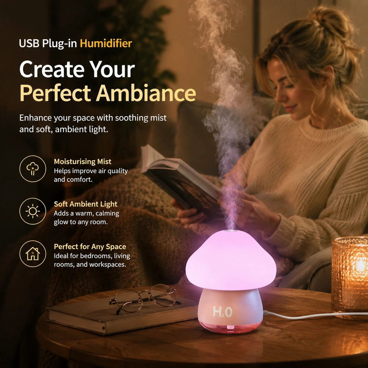 Tap Control Night Light Humidifier – Pink | Ideal Gift