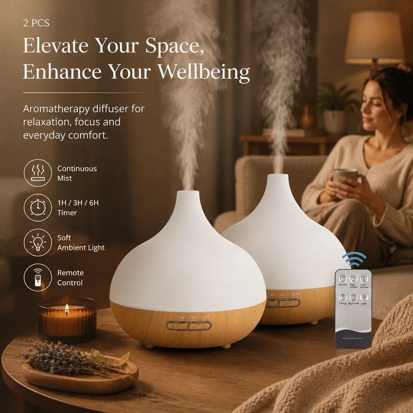 2-Pack Wood Grain Aroma Diffuser with Remote | White Wood Finish