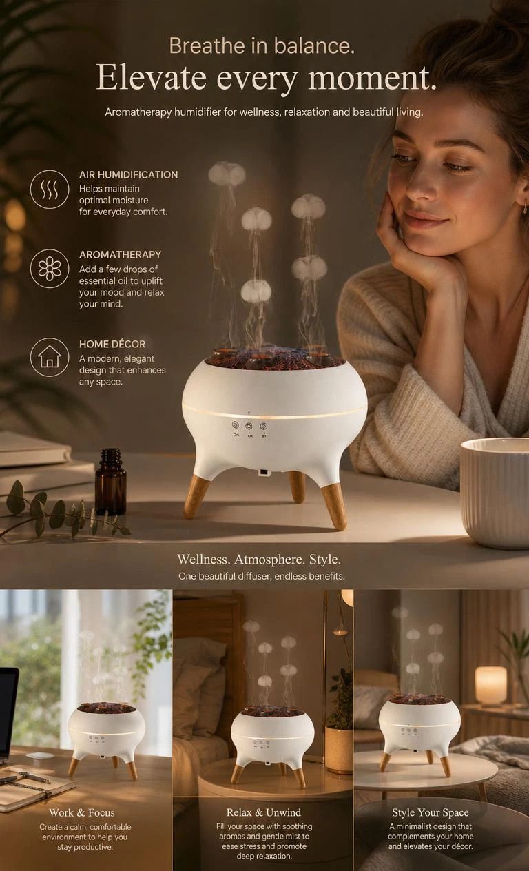 Jellyfish Aroma Humidifier | Audio-Triggered RGB Atmosphere Light | Calming Living Room Decor