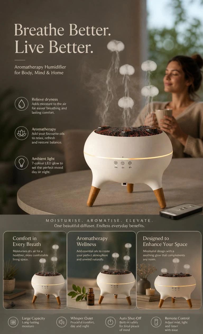Jellyfish Aroma Diffuser & Humidifier | Sound-Activated Flowing Colour Light | Moisturising Fragrance