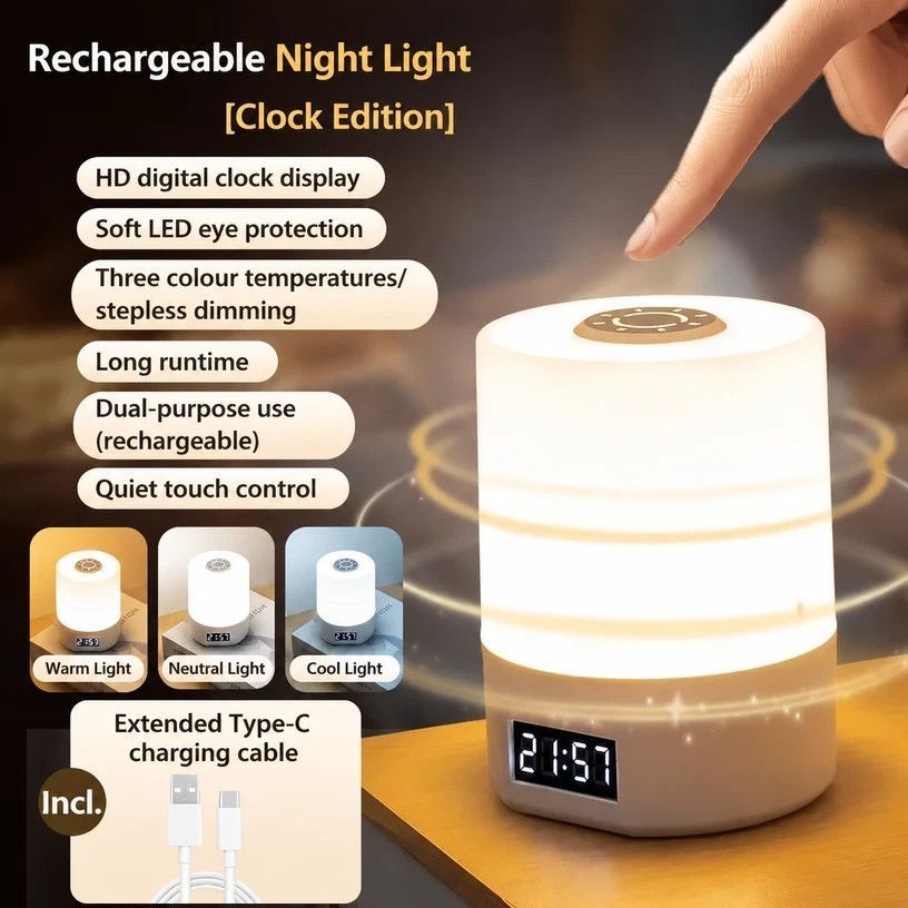USB Rechargeable LED Night Light with Clock Display – Touch Dimmable, 3 Colour Modes