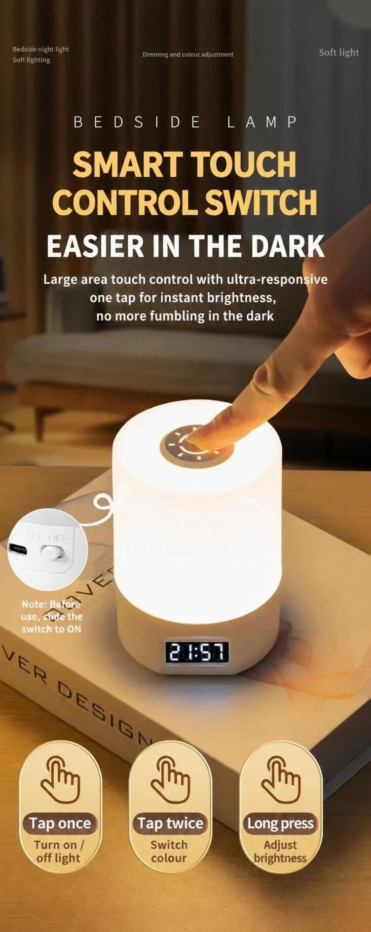 USB Rechargeable LED Night Light with Clock Display – Touch Dimmable, 3 Colour Modes