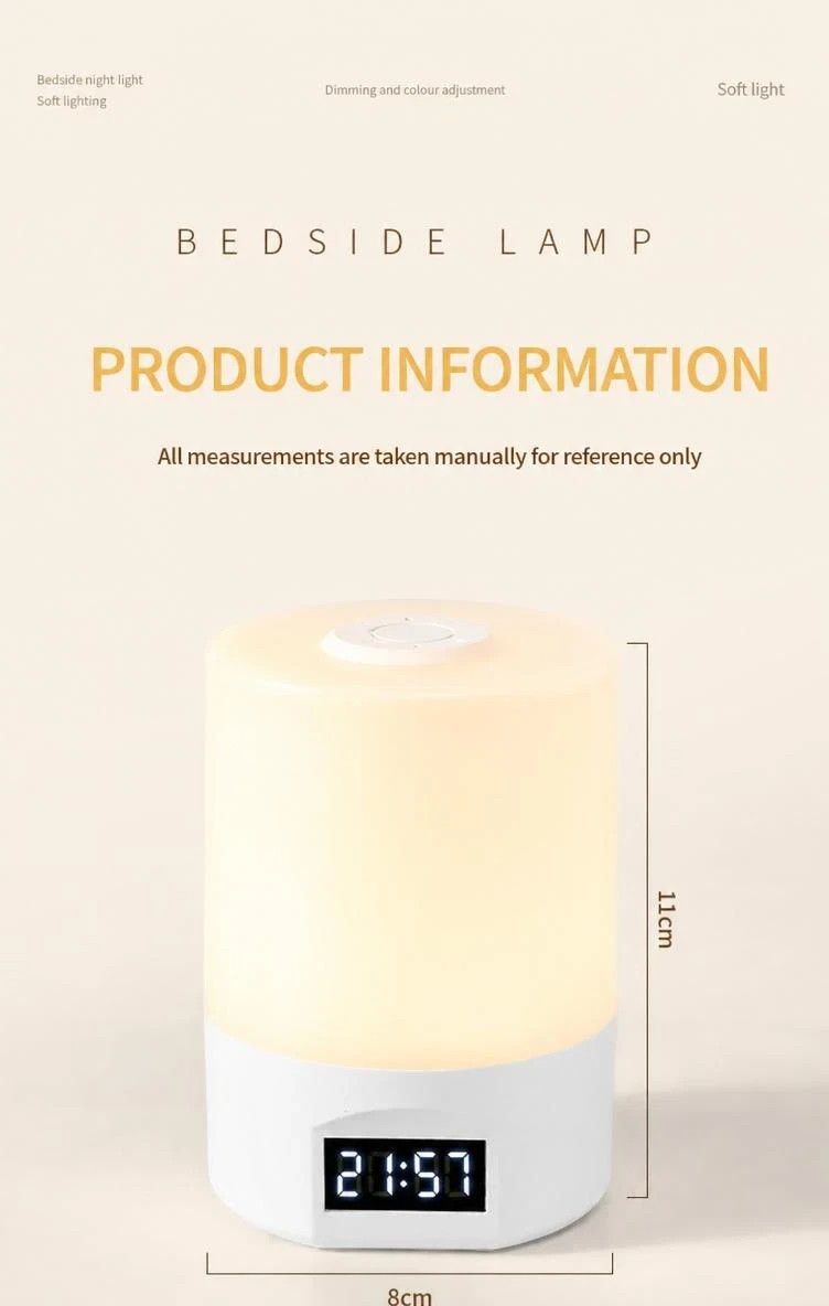 USB Rechargeable LED Night Light with Clock Display – Touch Dimmable, 3 Colour Modes