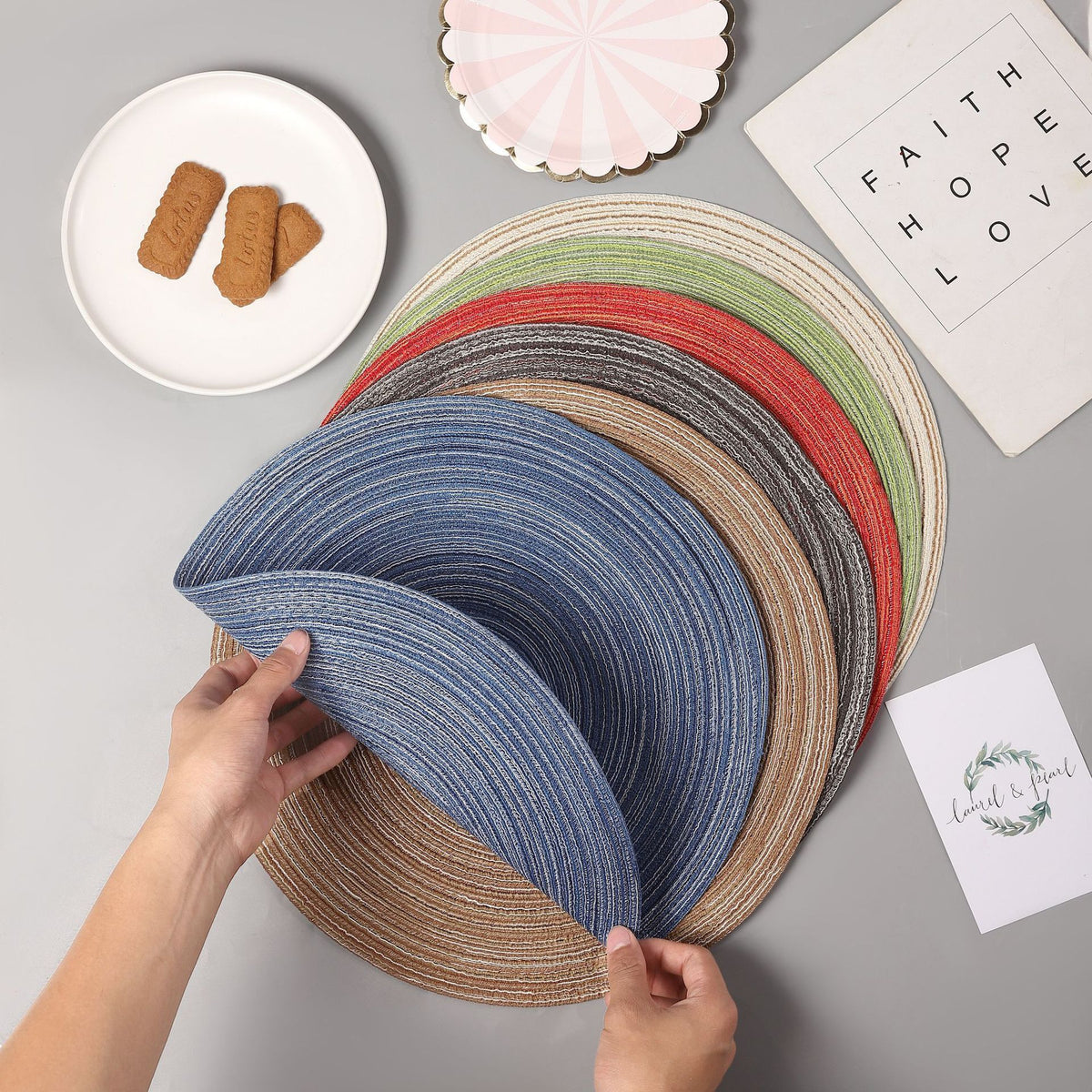 Round Cotton Woven Placemats Set of 6 – Heat Resistant, Non-Slip | 38cm | Blue