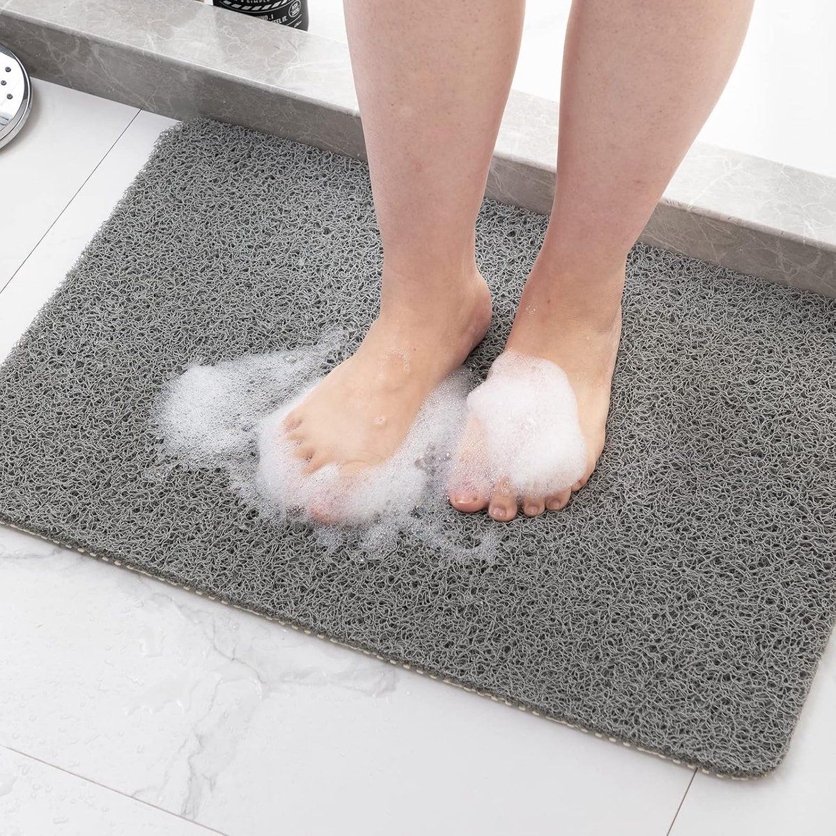 Non-Slip Shower Mat with Massage Feel & Foot Scrubber | BPA-Free PVC | Quick Drain & Fast Dry | Grey | 24x16in