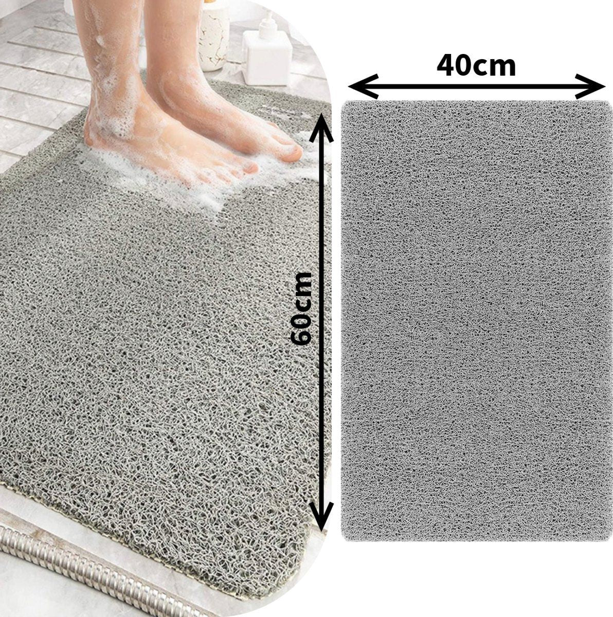 Non-Slip Shower Mat with Massage Feel & Foot Scrubber | BPA-Free PVC | Quick Drain & Fast Dry | Grey | 24x16in
