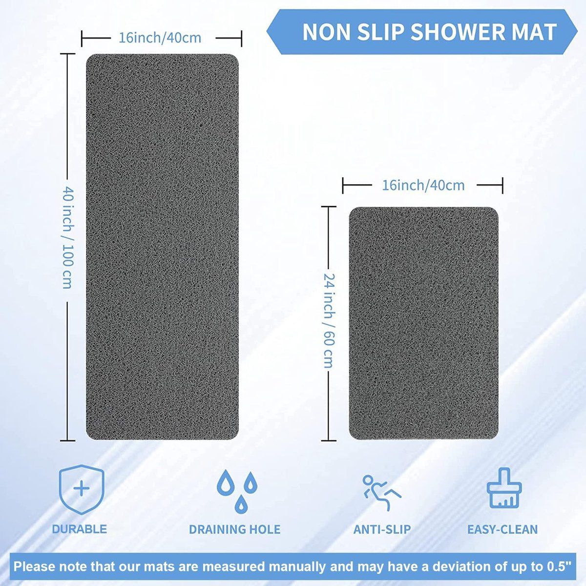 Non-Slip Shower Mat with Massage Feel & Foot Scrubber | BPA-Free PVC | Quick Drain & Fast Dry | Grey | 24x16in