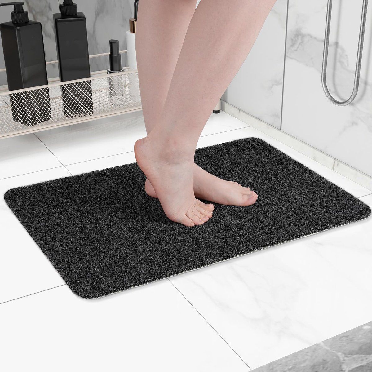 Non-Slip Shower Mat with Massage Feel & Foot Scrubber | BPA-Free PVC | Quick Drain & Fast Dry | Black | 40x60cm