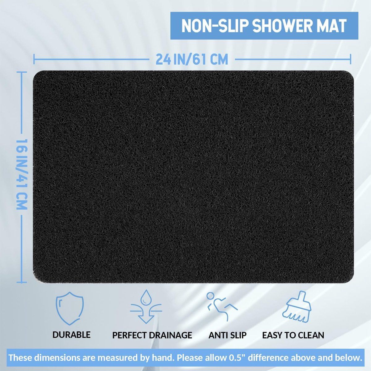 Non-Slip Shower Mat with Massage Feel & Foot Scrubber | BPA-Free PVC | Quick Drain & Fast Dry | Black | 40x60cm