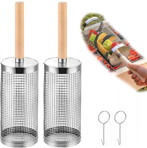 Rolling BBQ Grill Baskets 2 Pack | 304 Stainless Steel, 35 x 9.5 cm