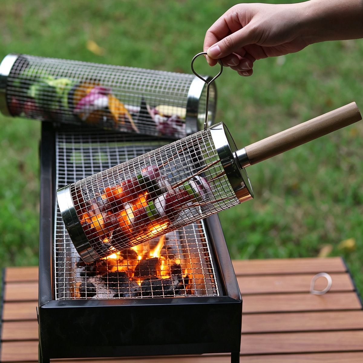 Rolling BBQ Grill Baskets 2 Pack | 304 Stainless Steel, 35 x 9.5 cm