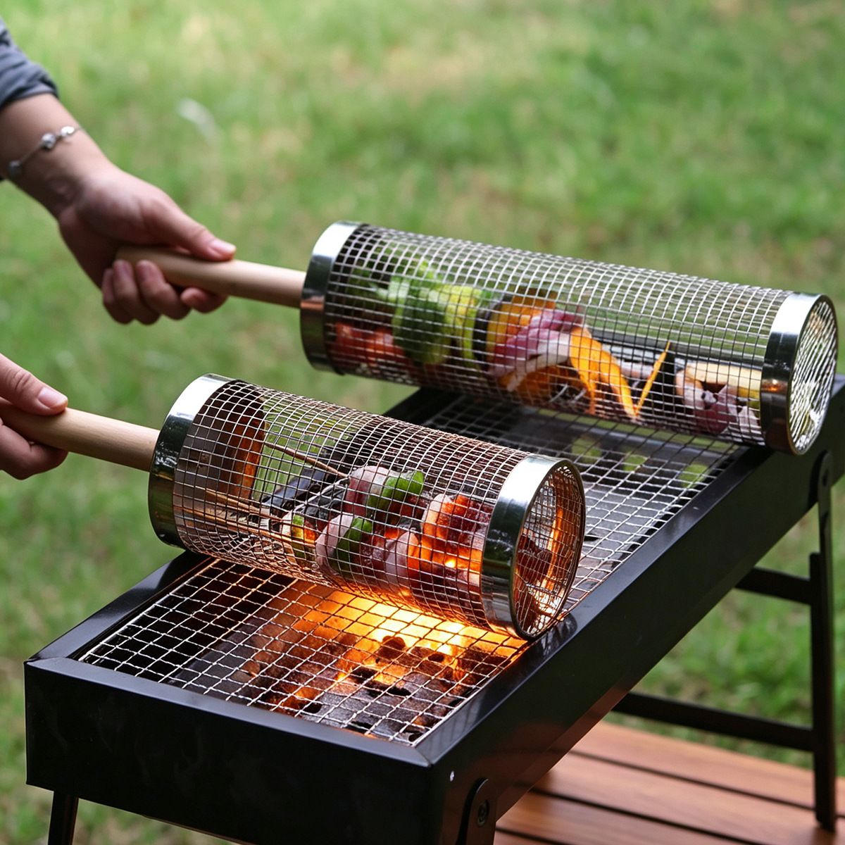 Rolling BBQ Grill Baskets 2 Pack | 304 Stainless Steel, 35 x 9.5 cm
