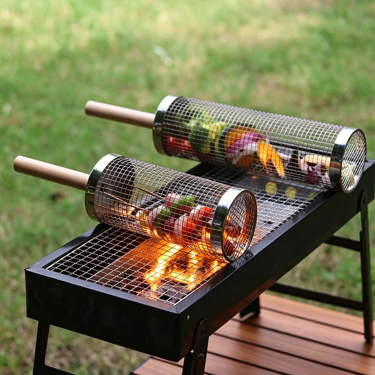 Rolling BBQ Grill Baskets 2 Pack | 304 Stainless Steel, 35 x 9.5 cm