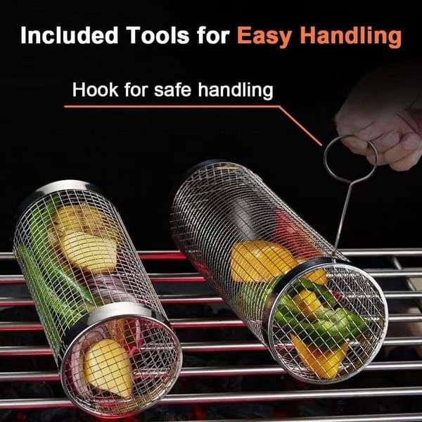 Rolling BBQ Grill Baskets 2 Pack | 304 Stainless Steel, 35 x 9.5 cm