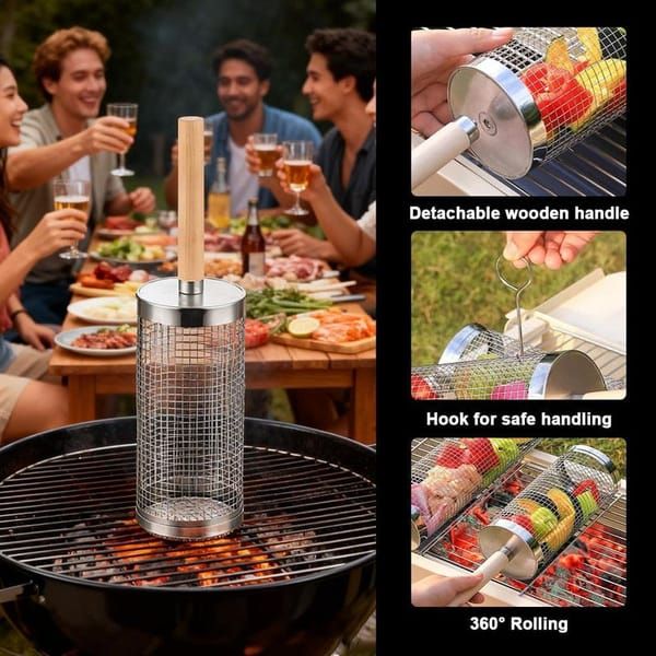 Rolling BBQ Grill Baskets 2 Pack | 304 Stainless Steel, 35 x 9.5 cm