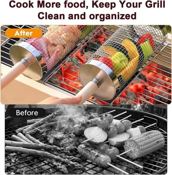 Rolling BBQ Grill Baskets 2 Pack | 304 Stainless Steel, 35 x 9.5 cm