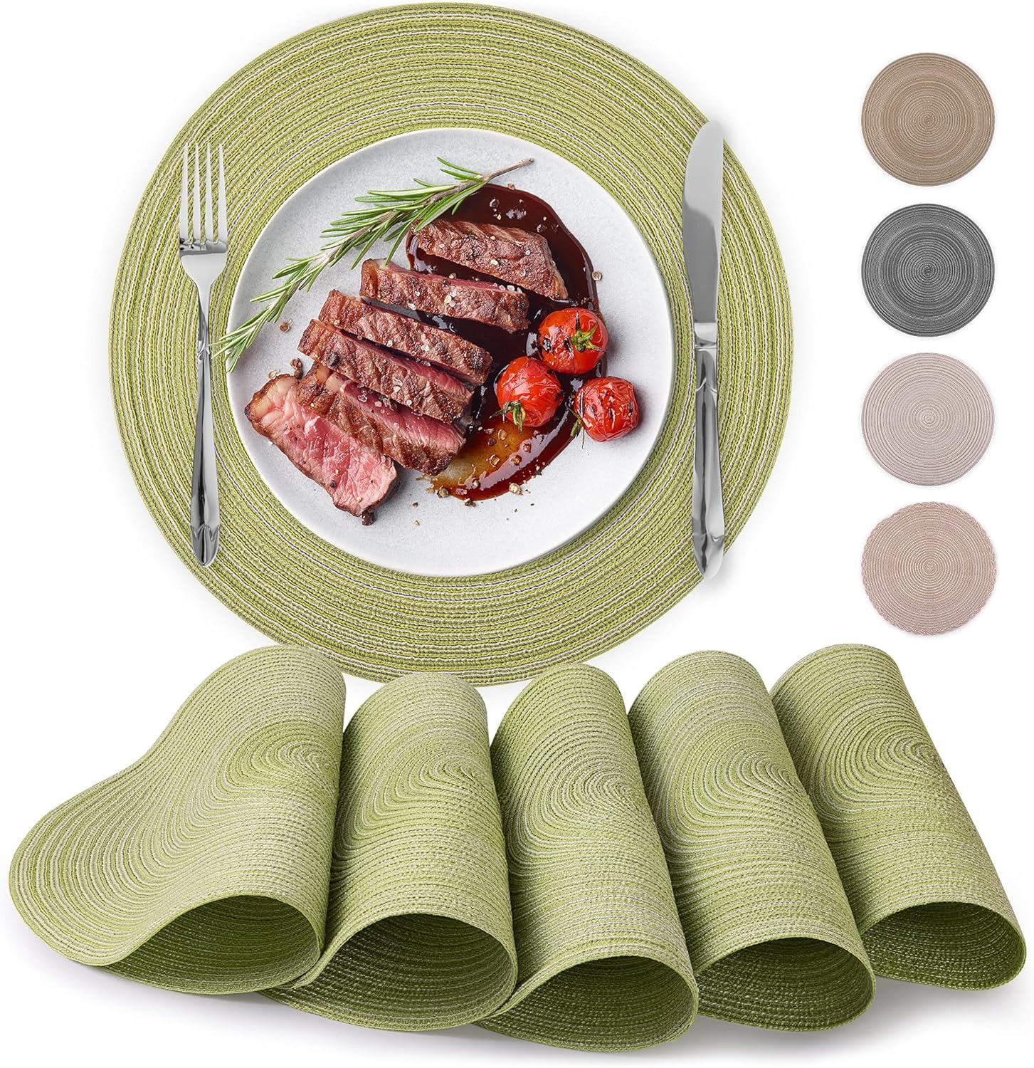 15 Inch Round Placemats for Dining Table Set of 6 - Braided Round Place Mats & Anti-Skid Placemat - Heat Resistant Round Woven Placemats & Table Mats for Dining (Green)