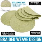 15 Inch Round Placemats for Dining Table Set of 6 - Braided Round Place Mats & Anti-Skid Placemat - Heat Resistant Round Woven Placemats & Table Mats for Dining (Green)