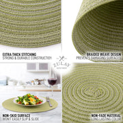 15 Inch Round Placemats for Dining Table Set of 6 - Braided Round Place Mats & Anti-Skid Placemat - Heat Resistant Round Woven Placemats & Table Mats for Dining (Green)