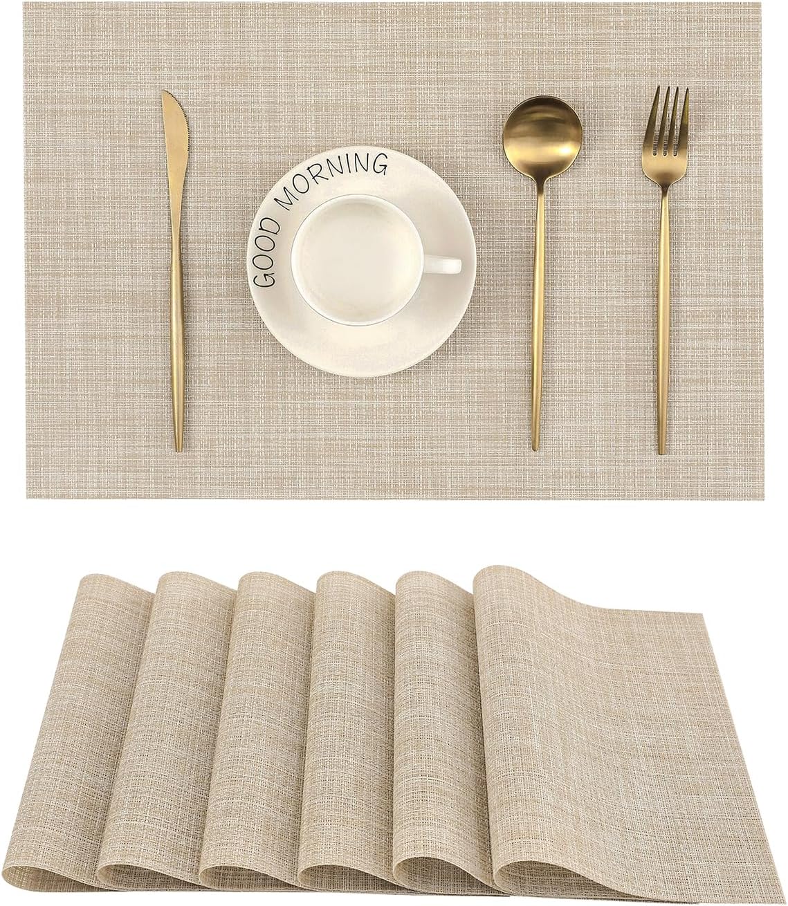Beige Placemats Set of 6 - Heat Resistant Non-Slip Place mats for Dining Table, Washable Durable PVC Vinyl Woven Table Mats(Beige, 6)