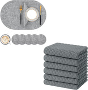 Homaxy Round Faux Leather Placemats and Coasters, Washable Dual-Side Table Mats, Wipeable Heat-Resistant Dining Place Mats and Terry Kitchen Towels(15" x 25", 6 Pack, Dark Grey)