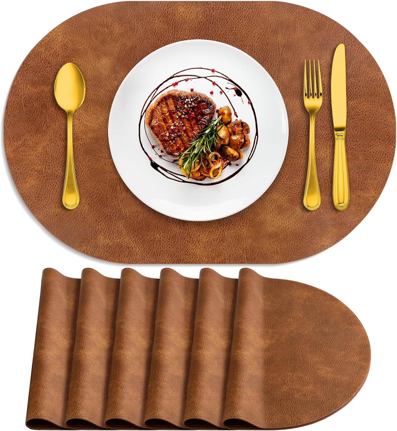Oval PU Leather Placemats Set of 6 – Turmeric Brown (30 × 43cm)