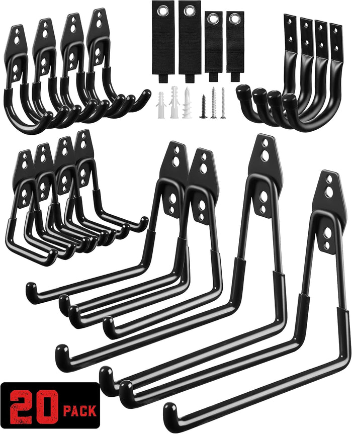Garage Wall Hooks 20-Pack – Heavy Duty Steel with Anti-Slip Coating