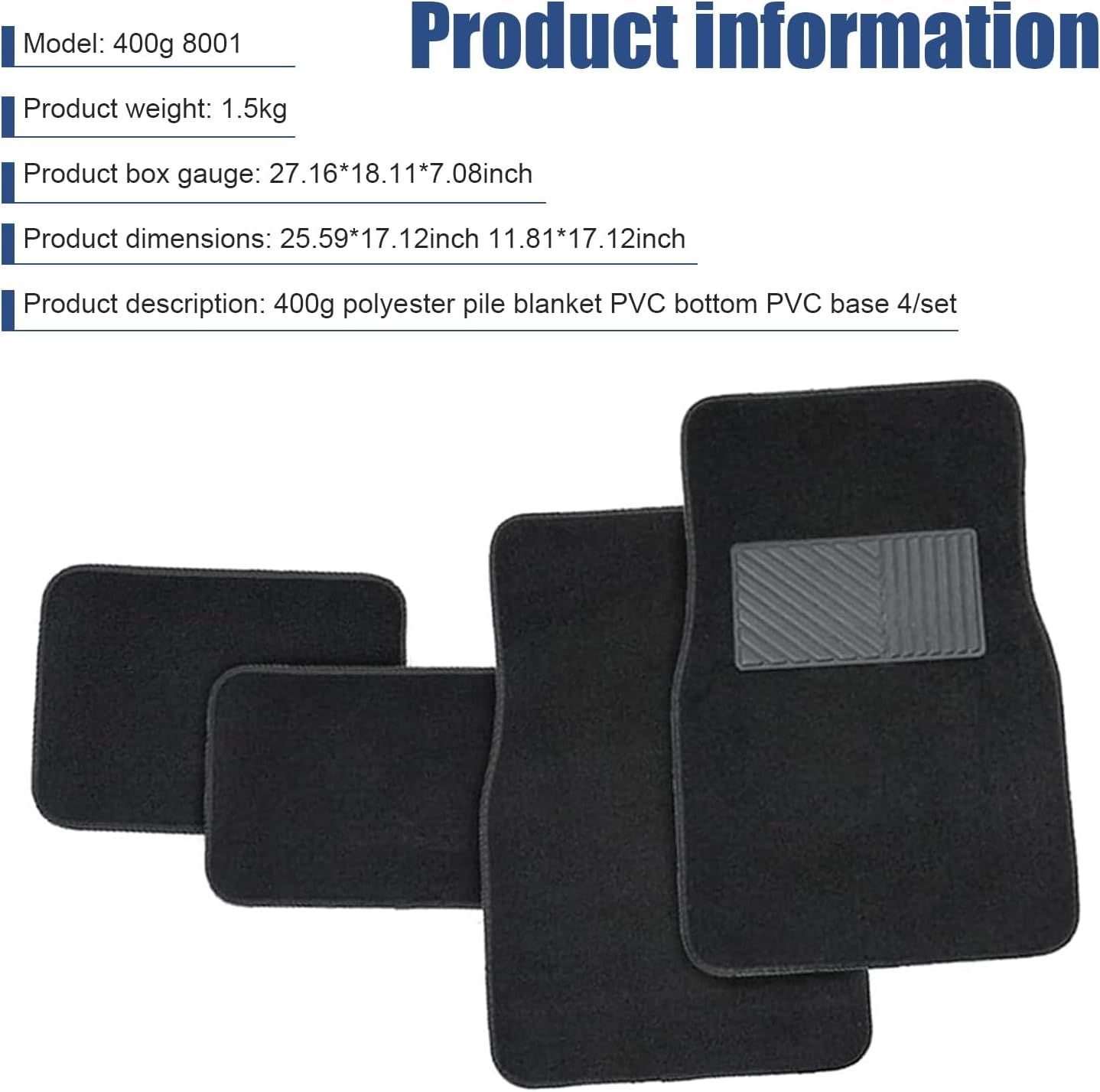 Car Floor Mats 4-Piece Set | PVC Anti-Slip Carpet Liner | All-Weather Breathable | Black