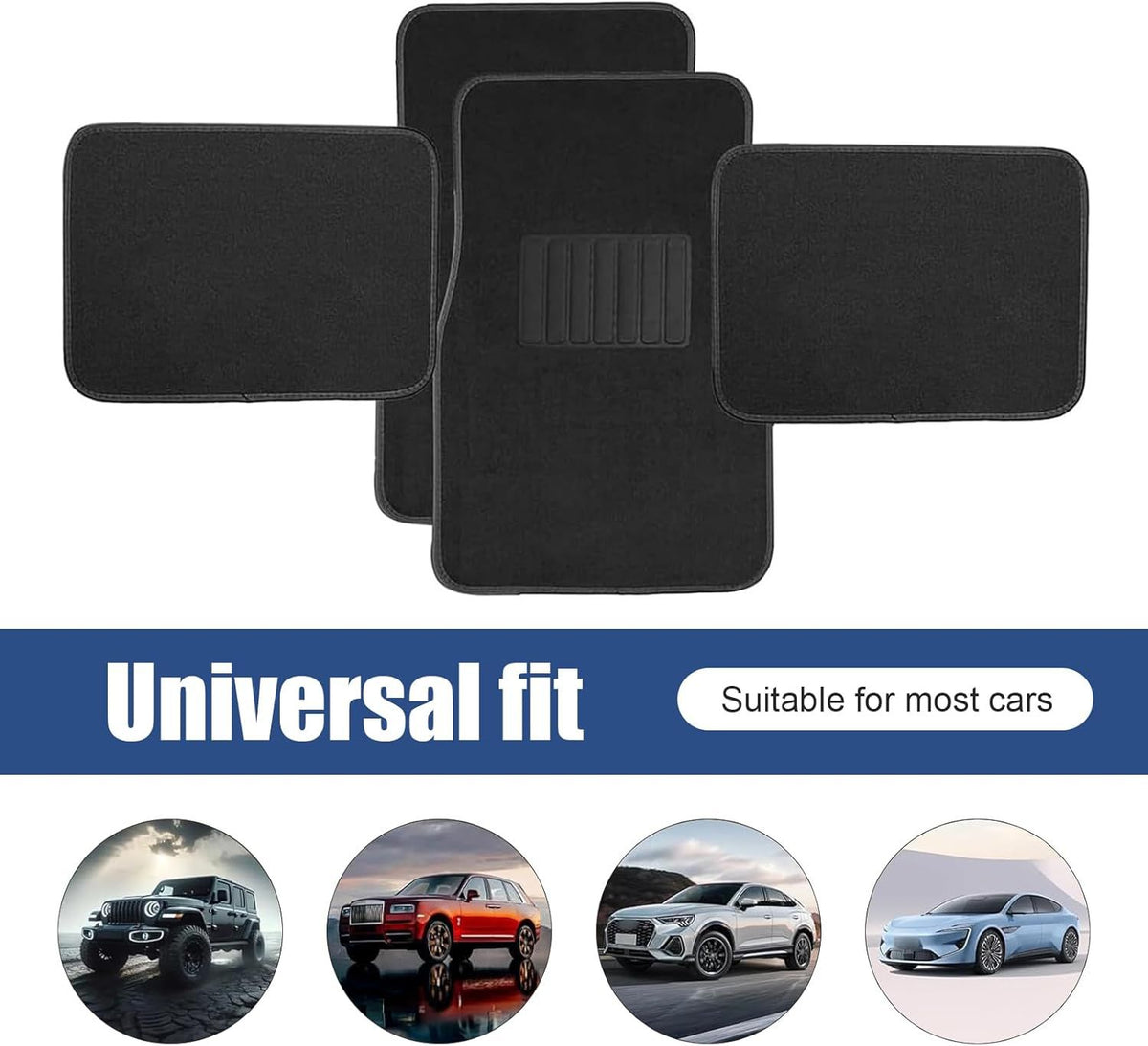 Car Floor Mats 4-Piece Set | PVC Anti-Slip Carpet Liner | All-Weather Breathable | Black