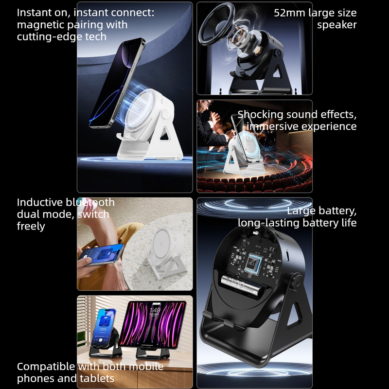 2-in-1 Phone & Tablet Stand with Bluetooth Speaker – 52mm Subwoofer, 9D Sound | BT 5.3