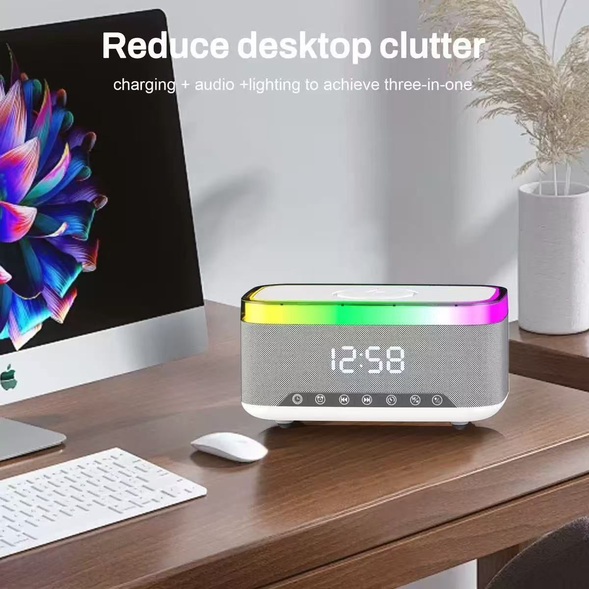 Bluetooth Speaker Alarm Clock with Wireless Charging & Ambient Light | Black, Size 01