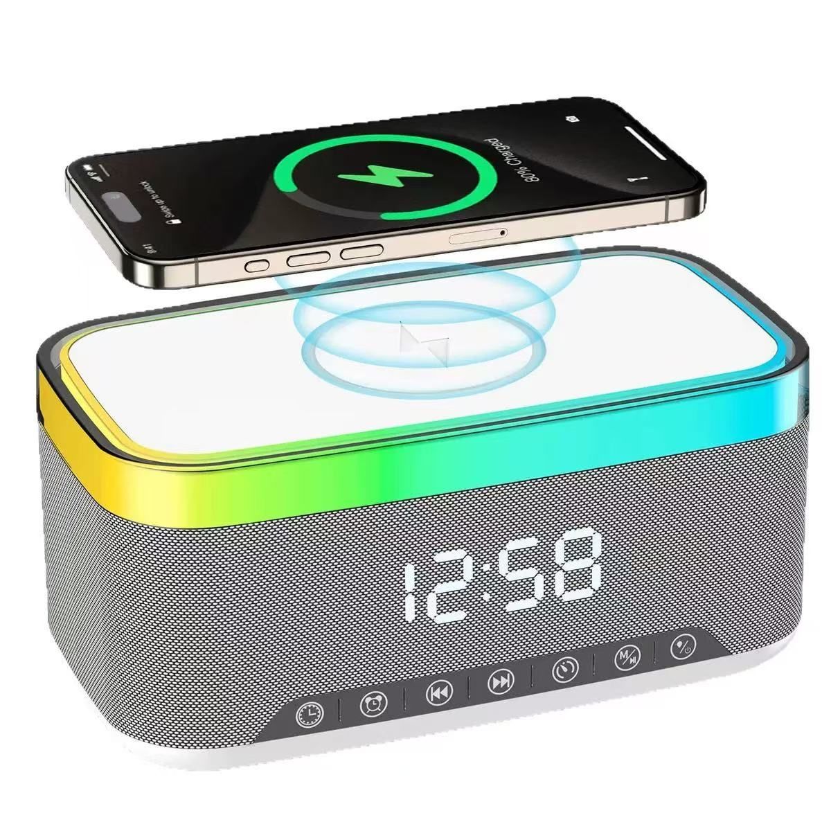 Bluetooth Speaker Alarm Clock with Wireless Charging & Ambient Light | Black, Size 01