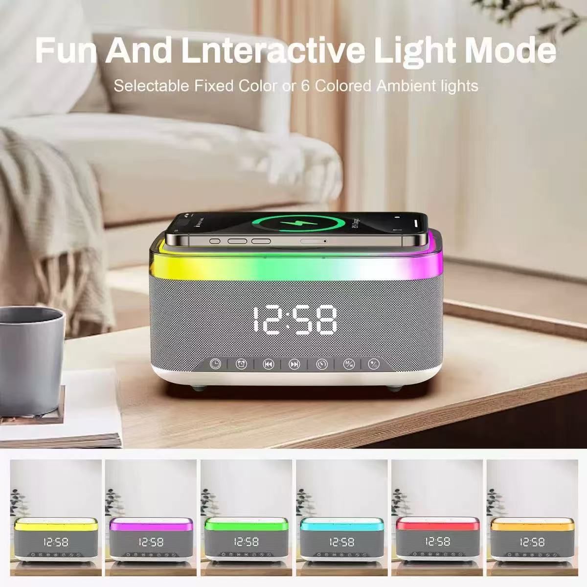 Bluetooth Speaker Alarm Clock with Wireless Charging & Ambient Light | White, Size 01