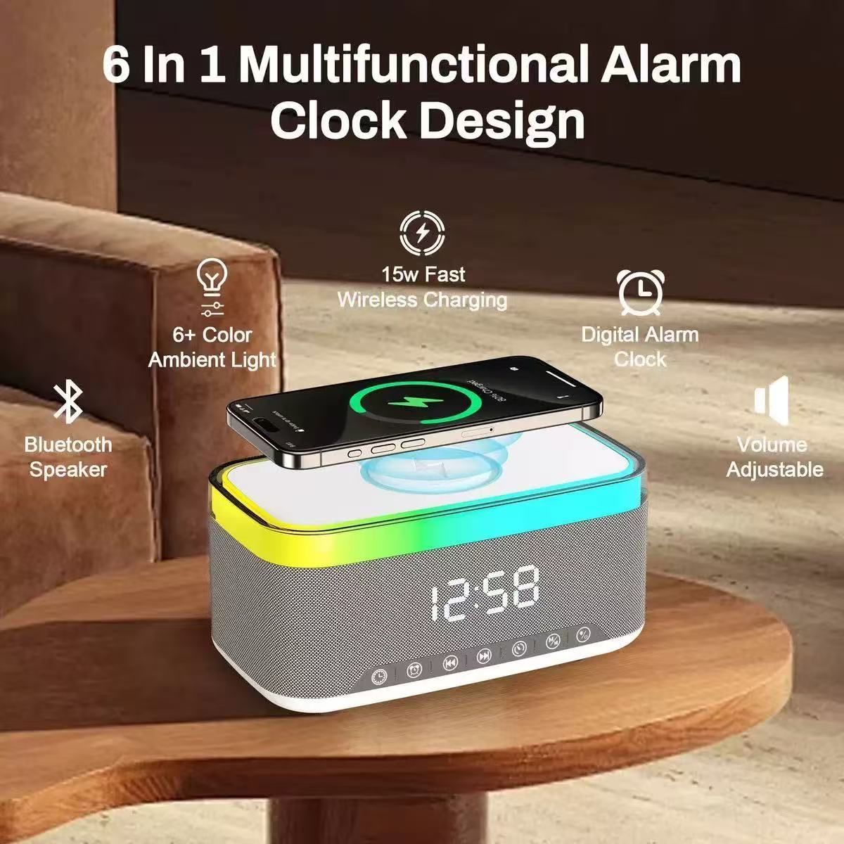 Bluetooth Speaker Alarm Clock with Wireless Charging & Ambient Light | White, Size 01