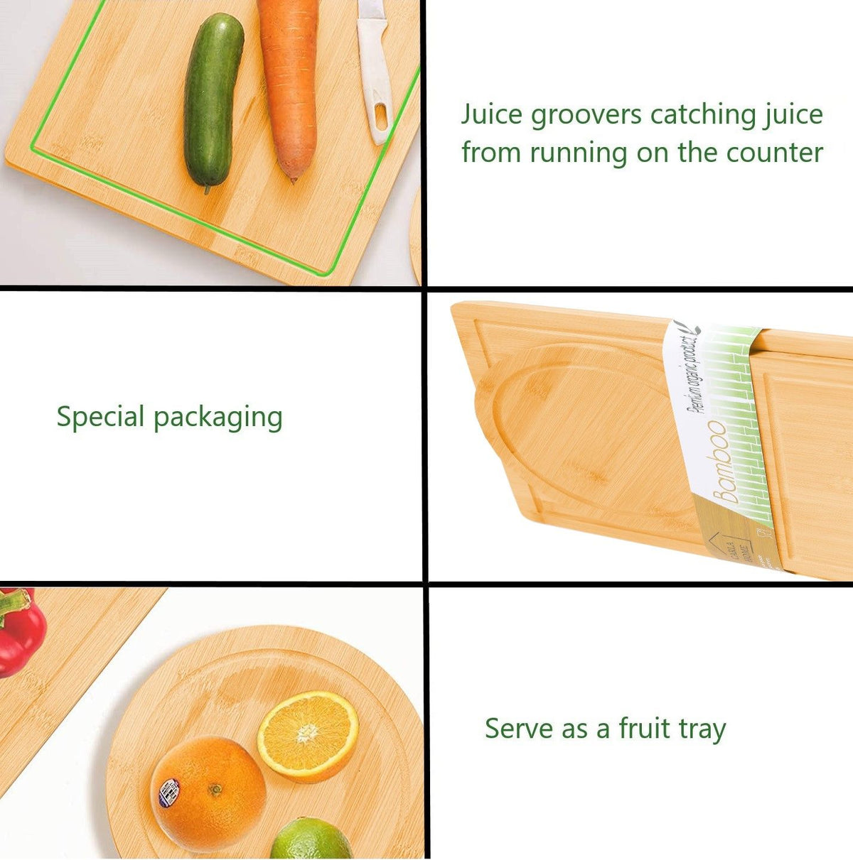 Bamboo Cutting Board Set of 3 with Juice Groove & Phone Stand