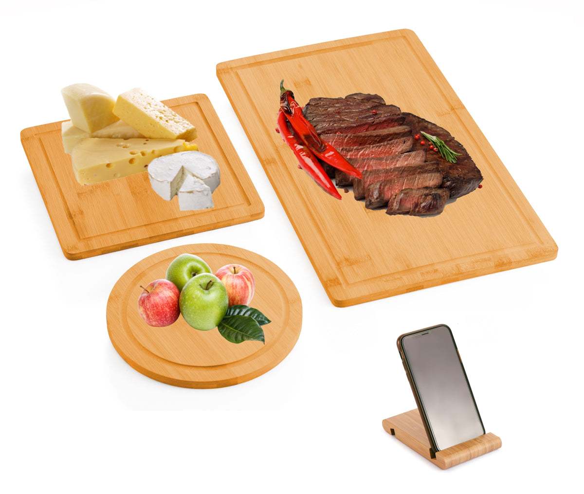 Bamboo Cutting Board Set of 3 with Juice Groove & Phone Stand