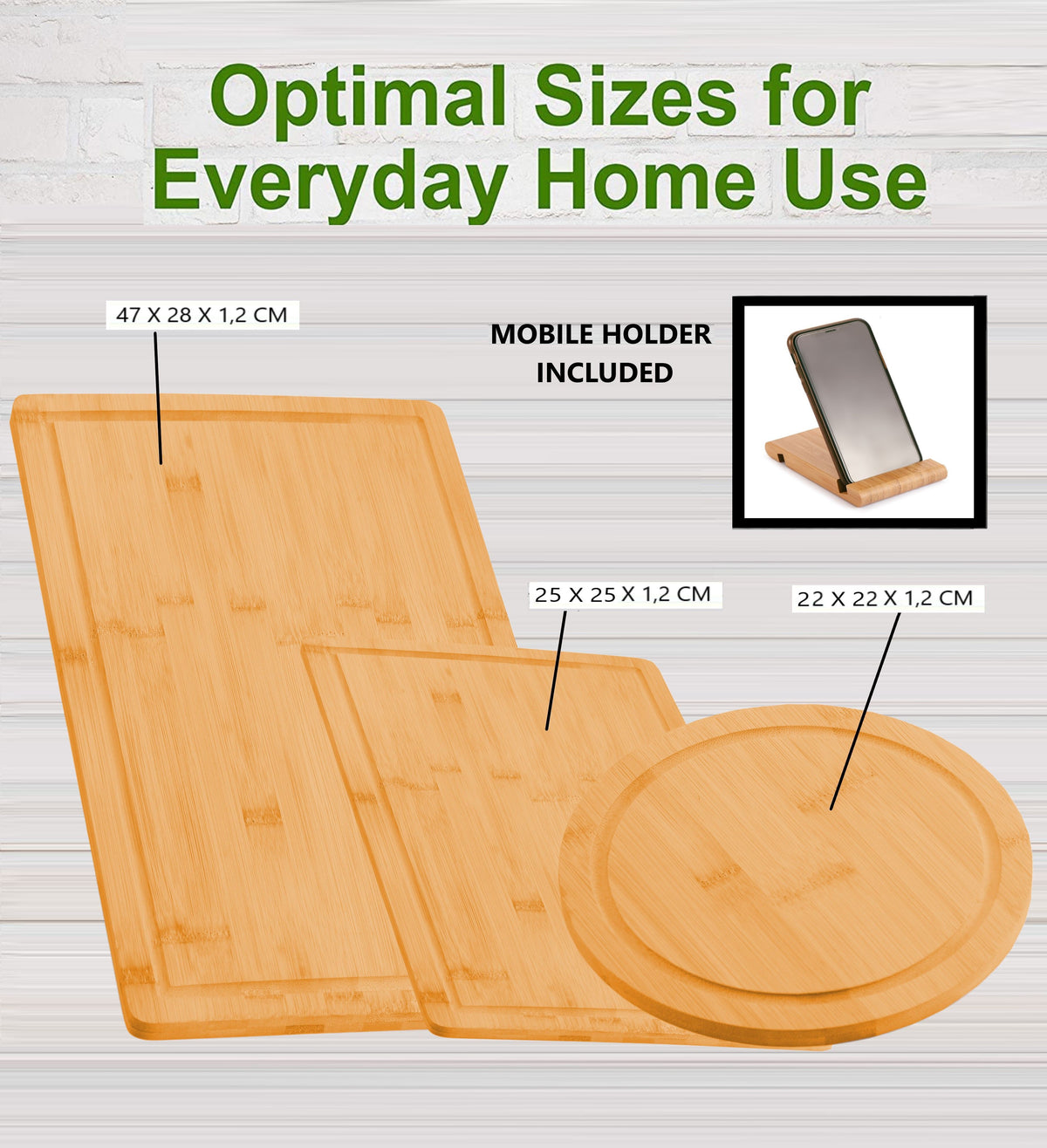 Bamboo Cutting Board Set of 3 with Juice Groove & Phone Stand