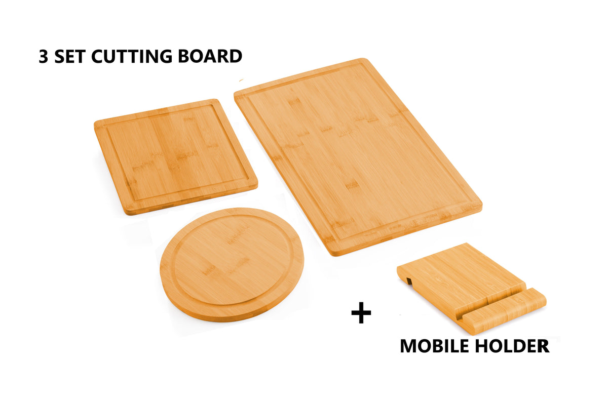 Bamboo Cutting Board Set of 3 with Juice Groove & Phone Stand