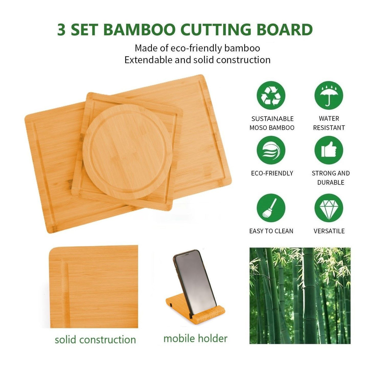 Bamboo Cutting Board Set of 3 with Juice Groove & Phone Stand