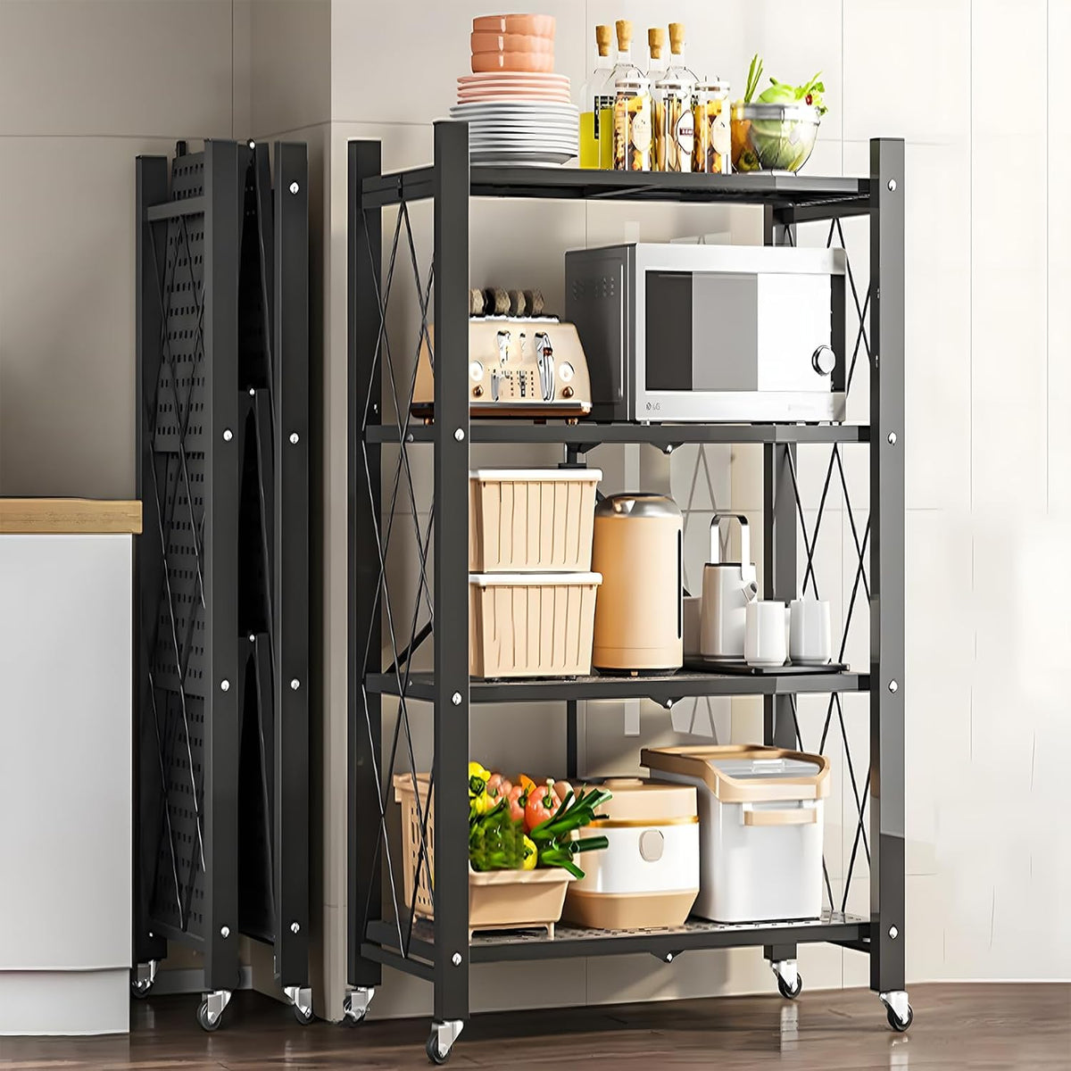 Carla Home 4-Tier Foldable Storage Shelf with Wheels – Black