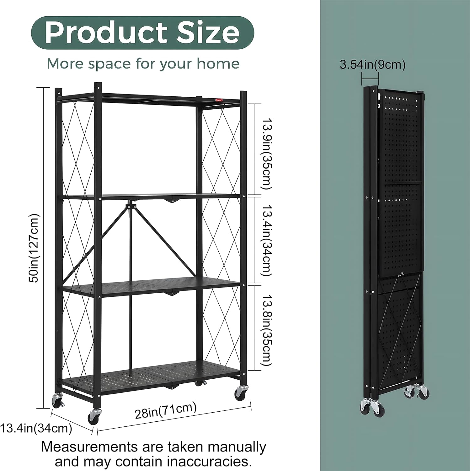 Carla Home 4-Tier Foldable Storage Shelf with Wheels – Black