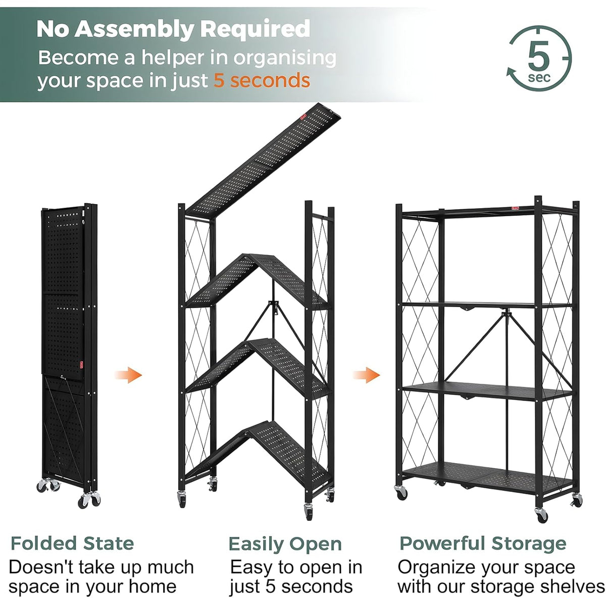 Carla Home 4-Tier Foldable Storage Shelf with Wheels – Black