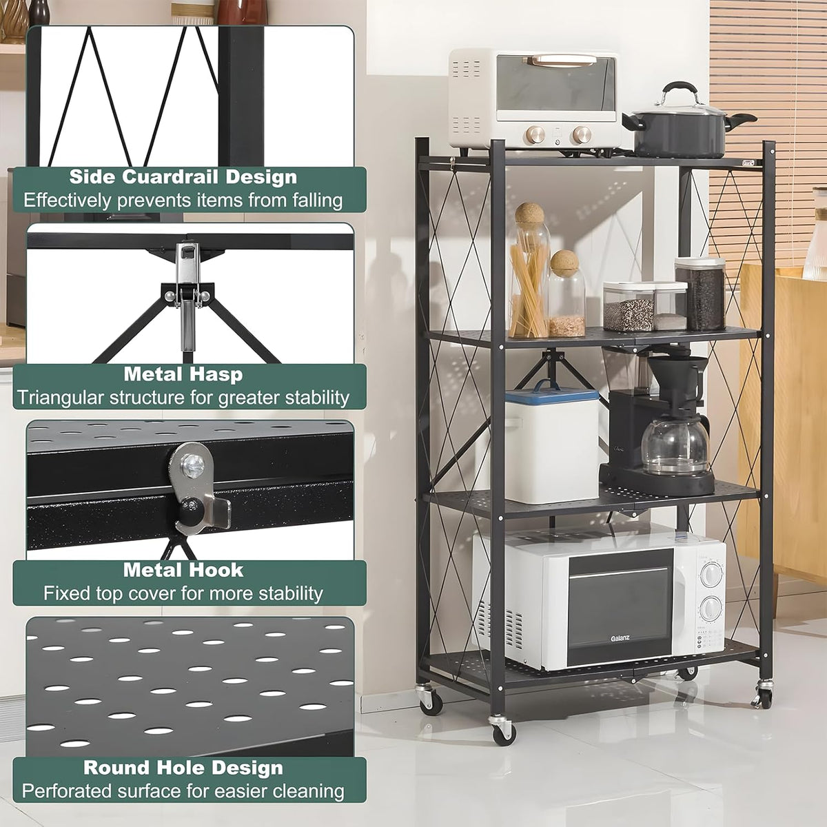 Carla Home 4-Tier Foldable Storage Shelf with Wheels – Black