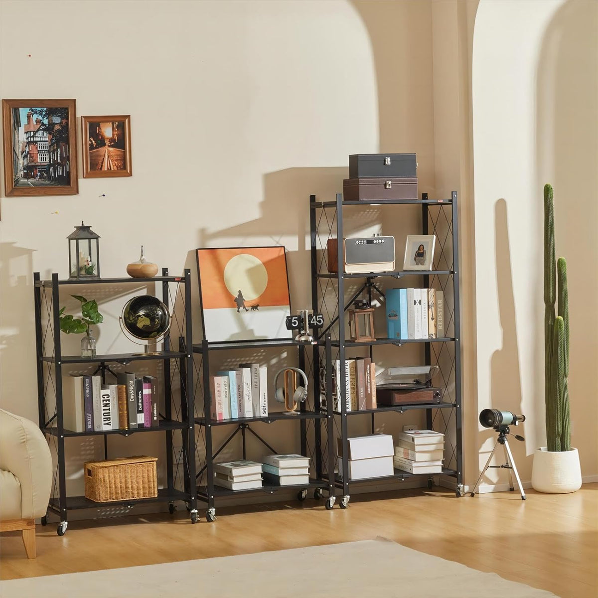 Carla Home 4-Tier Foldable Storage Shelf with Wheels – Black