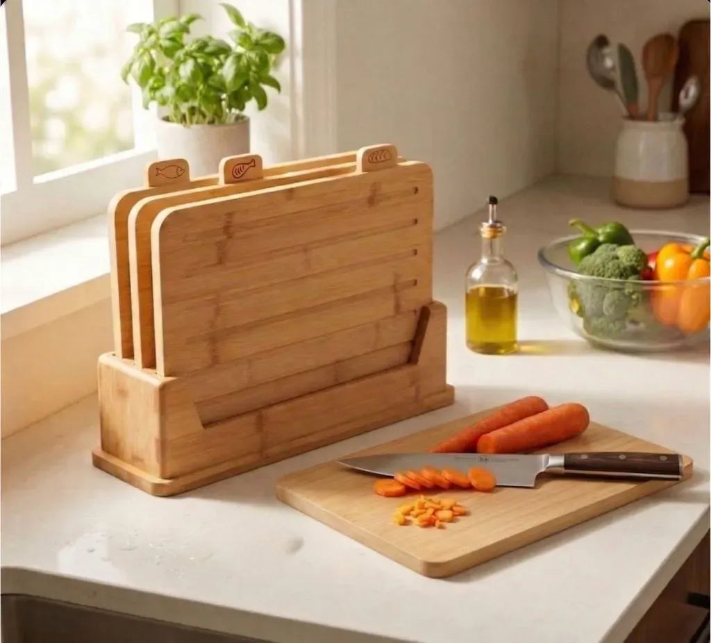 CARLA HOME Bamboo Cutting Board Set | 4 Boards with Stand
