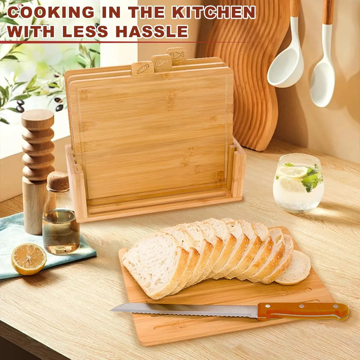 CARLA HOME Bamboo Cutting Board Set | 4 Boards with Stand