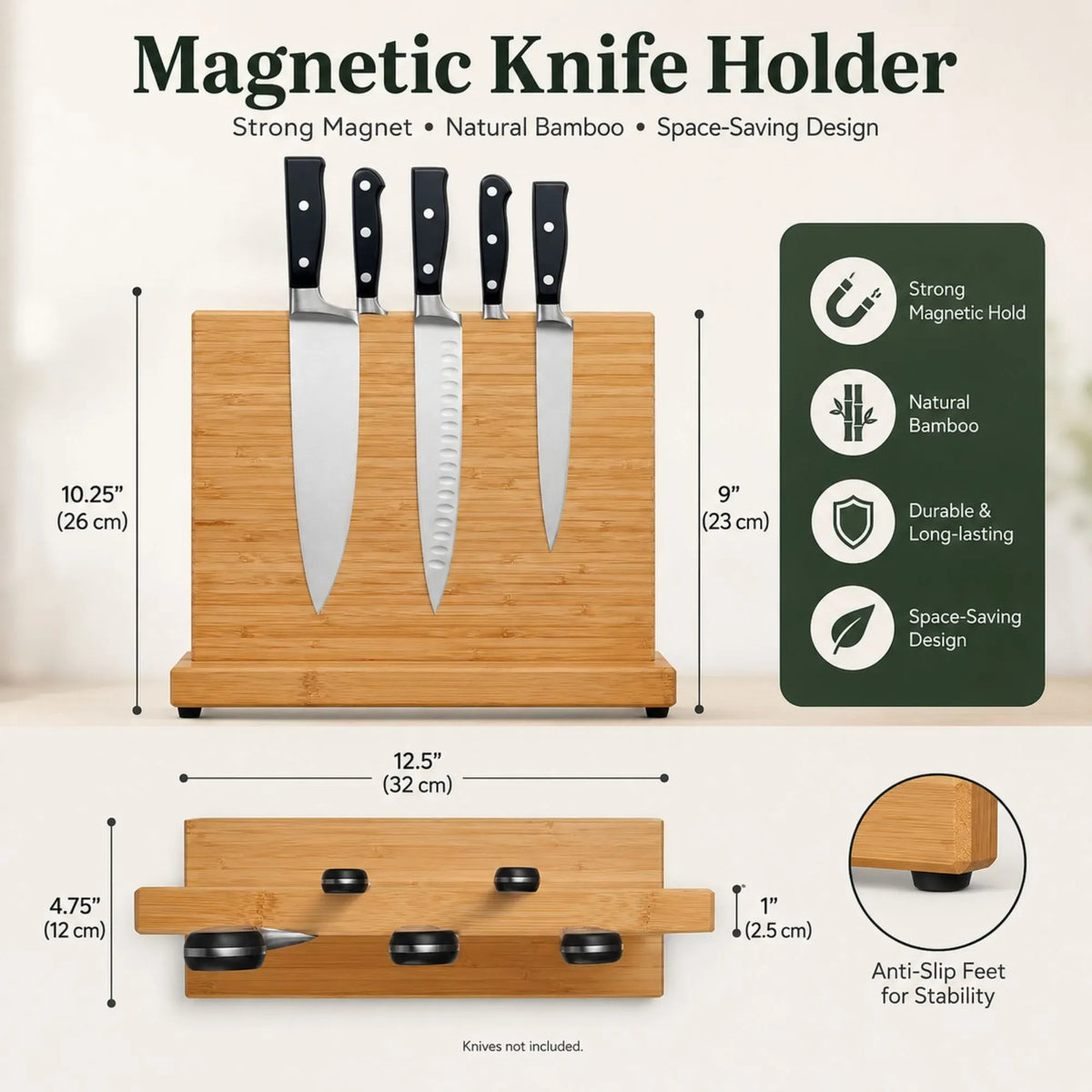 CARLA HOME Double-Sided Bamboo Magnetic Knife Block